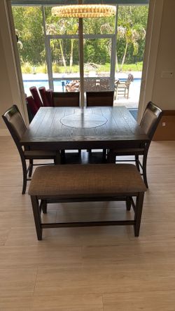 Counter height modern dinning set with bench and lazy Susan- solid wood look- seats 6