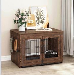 Wooden Dog Crate Furniture with 360°Rotatable Removable Dog Bowls, Dog Crate End Table with Tray, Double Doors Dog Kennels for Dogs(XL:43.2" L*28.6" W