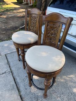 Set of 2 Wood Carved Bar Stools