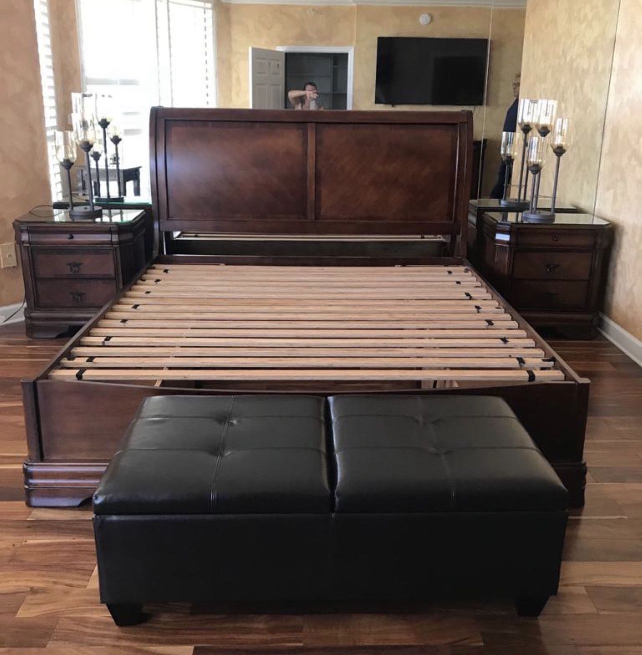 king bedroom set real carob wood.  2 bedside tables, bed with drawers, bench and dresser