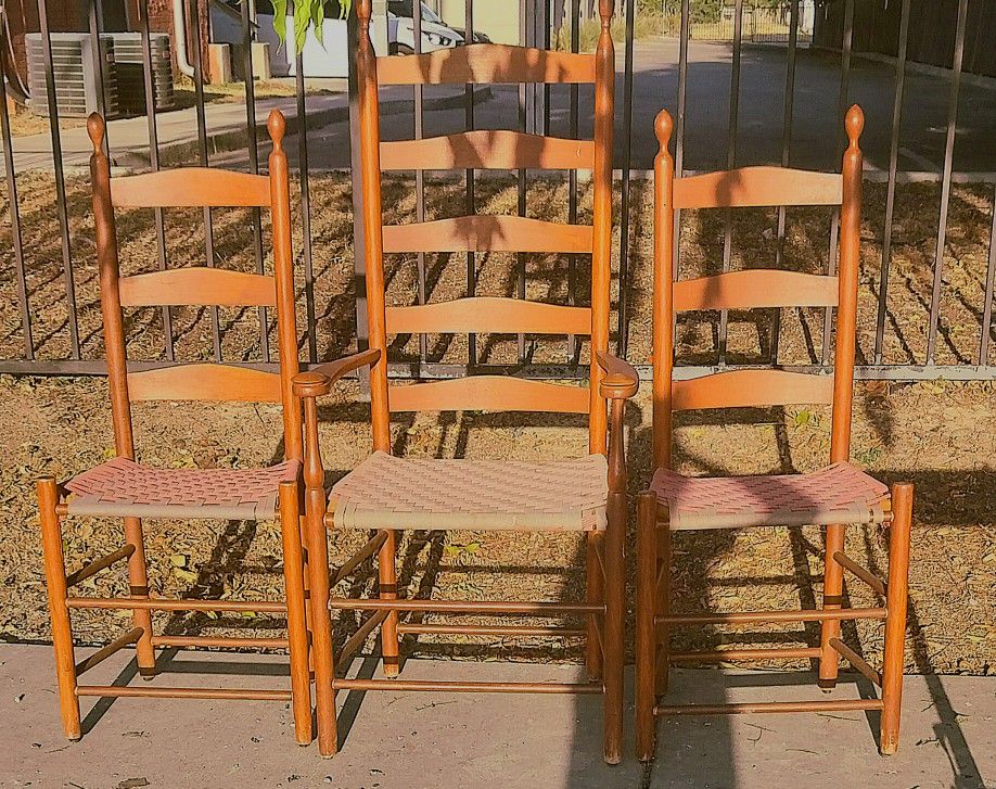 Antique Shaker-style LADDER BACK CHAIRS With Woven Seats.
