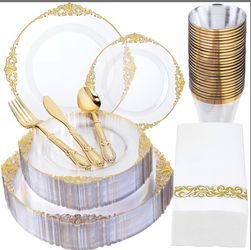 Morejoy 175PCS Clear And Gold Plastic Plates,Clear Plastic Dinnerware Sets