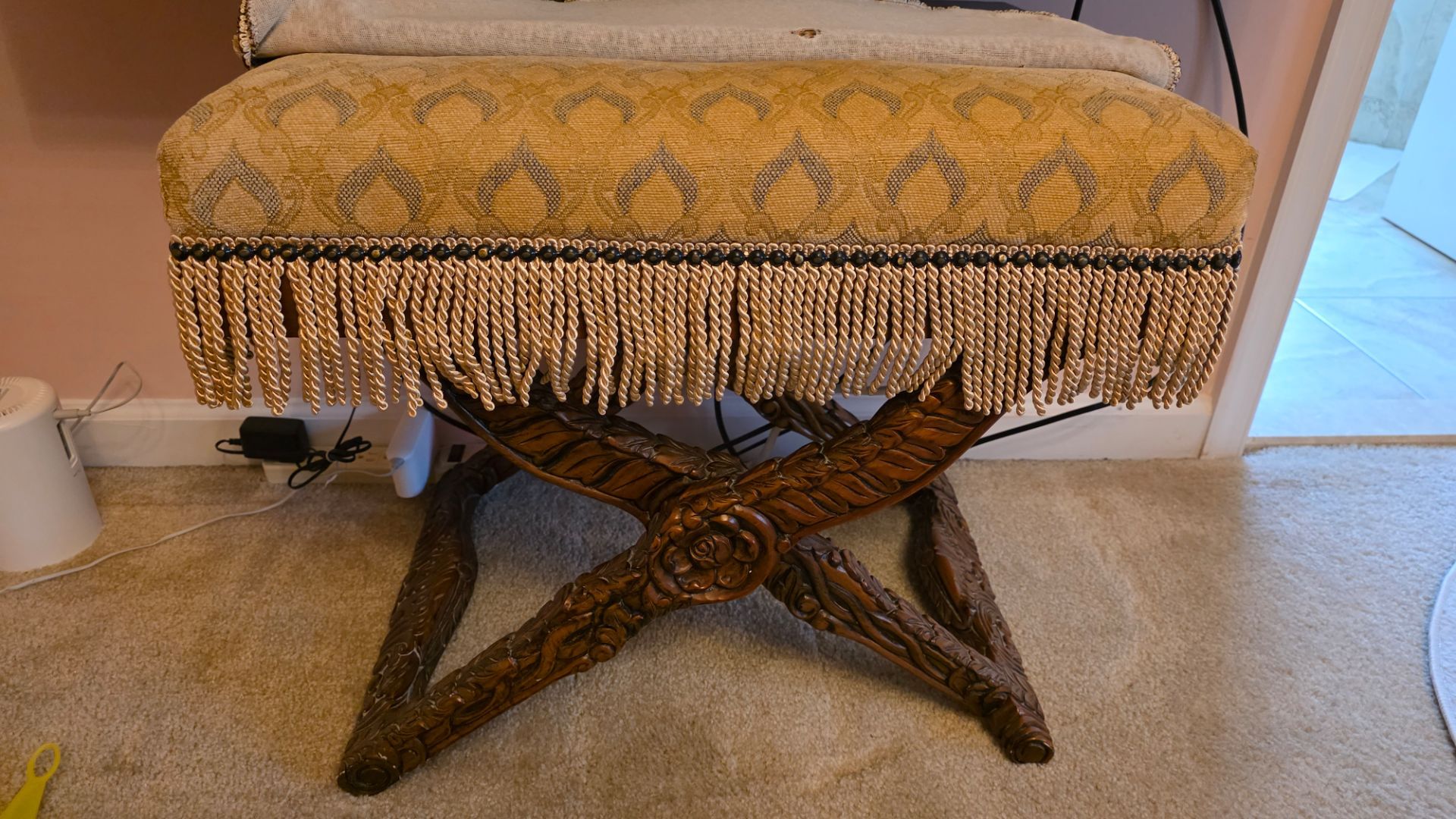 Ornate Hand-Carved Wood Ottoman/Bench — Baroque Curule Style w/ Fringe