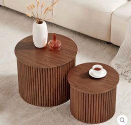 2-Piece Round Fluted Nesting Coffee Table Set, Brown Dark Wood