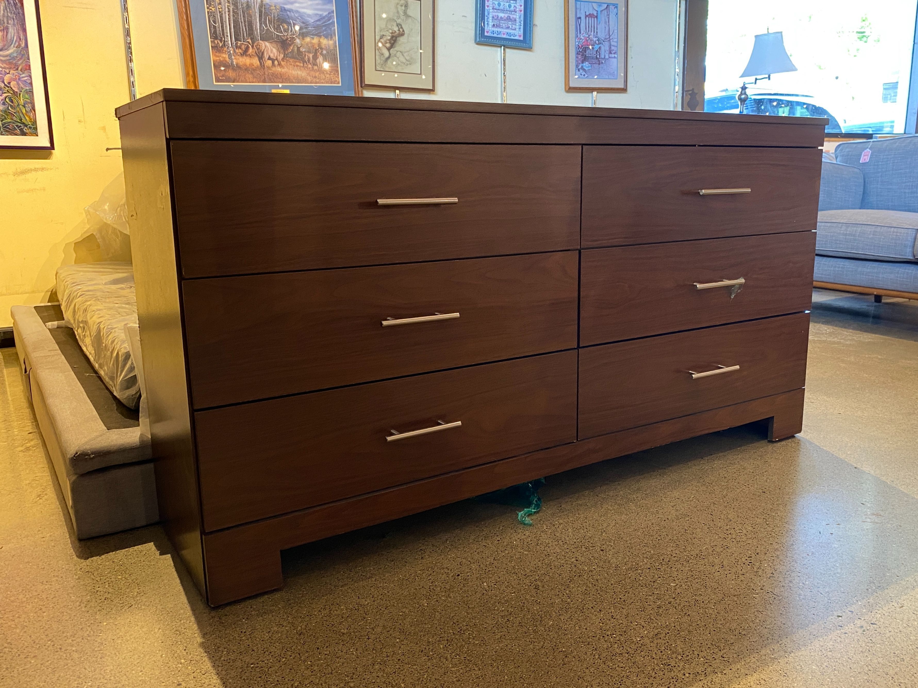 DICKSONS Brown 6-Drawer Dresser w/ Silver Bar Hardware