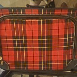 Vintage Suitcase Luggage, Tartan Red Plaid Carry-on Metal Zipper, Handle