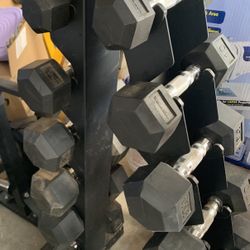 Very Nice Looking Set Of Dumbbells 5-30 Lb Pairs With Nice Rack.