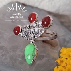 Sterling Silver 925 Ring Artesanal La Catrina Green And Carnelia Stone.