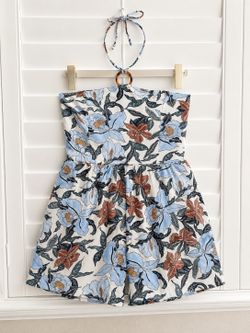 Old Navy Linen-Blend Halter Romper featuring a blue and brown tropical floral print-XL