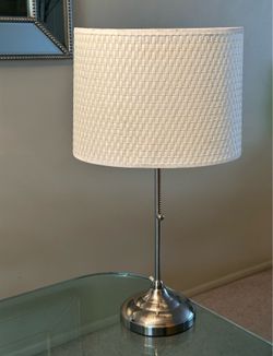 Large Table Desk Lamp Silver Chrome Base with White Light Cream Oval Cylinder Lampshade