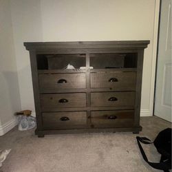 Rustic Dark Wood 6-Drawer Dresser with Open Shelf