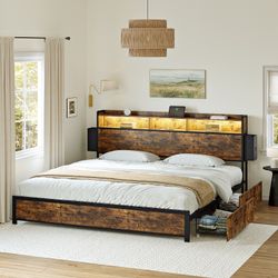 King Bed Frame with 2-Tier Storage Headboard and 4 Drawers LED Lights Metal Platform Brown  