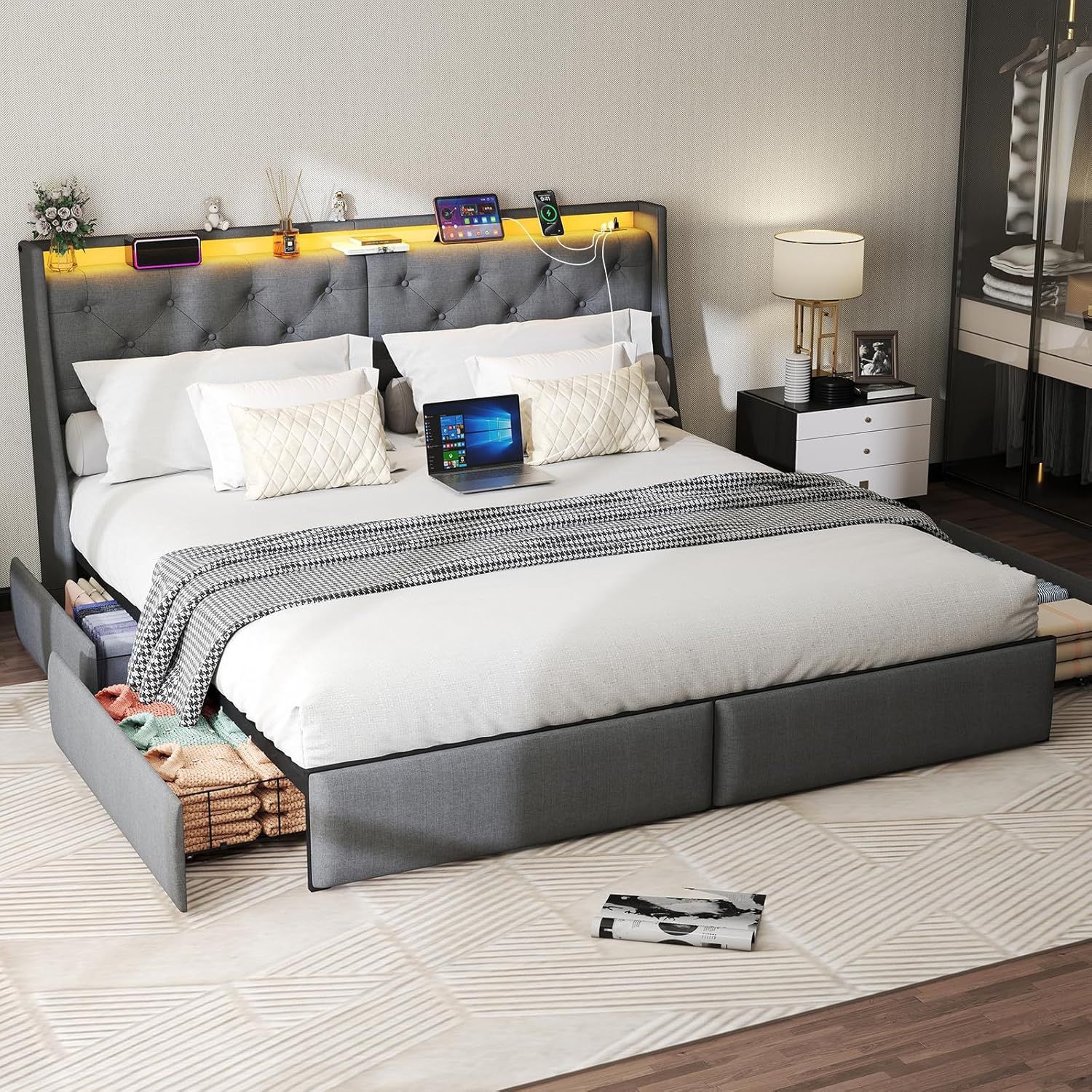 New Modern King Size Platform Bed Frame with 4 Storage Drawers and LED Headboard, Upholstered King Metal Bed with Charging Station, No Box Spring Need