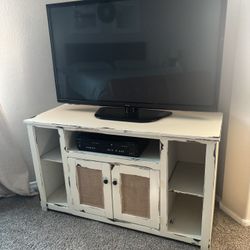 💙 Farmhouse tv stand off white table entertainment unit accent side burlap rustic console cabinet 