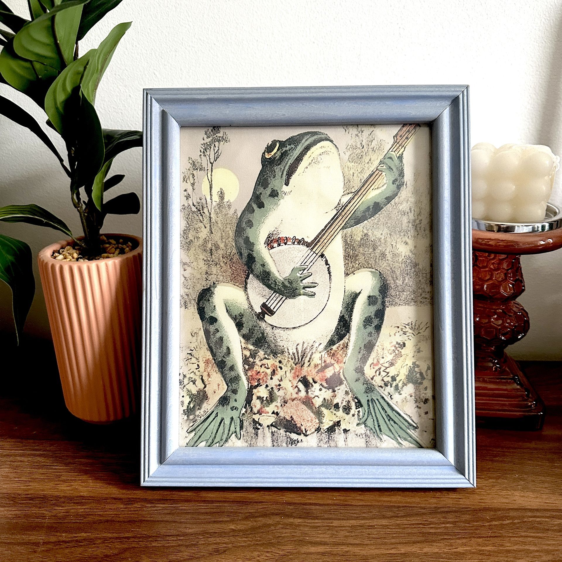 Frog Playing the Banjo in Moonlight Vintage Style Canvas Print Silver Frame Art