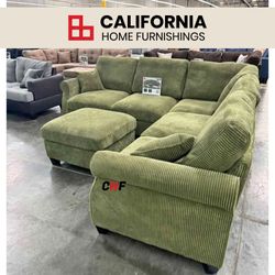 Modern L-Shaped Corduroy Sectional Sofa and Ottoman