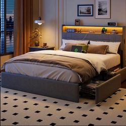 Queen Bed Frame w/ Storage Drawers, LED Lights & Charging Station – NEW