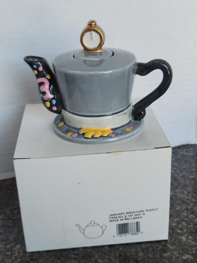 VTG Ceramic Mini Collectible Teapot  January "Ring In The New" W/ Box