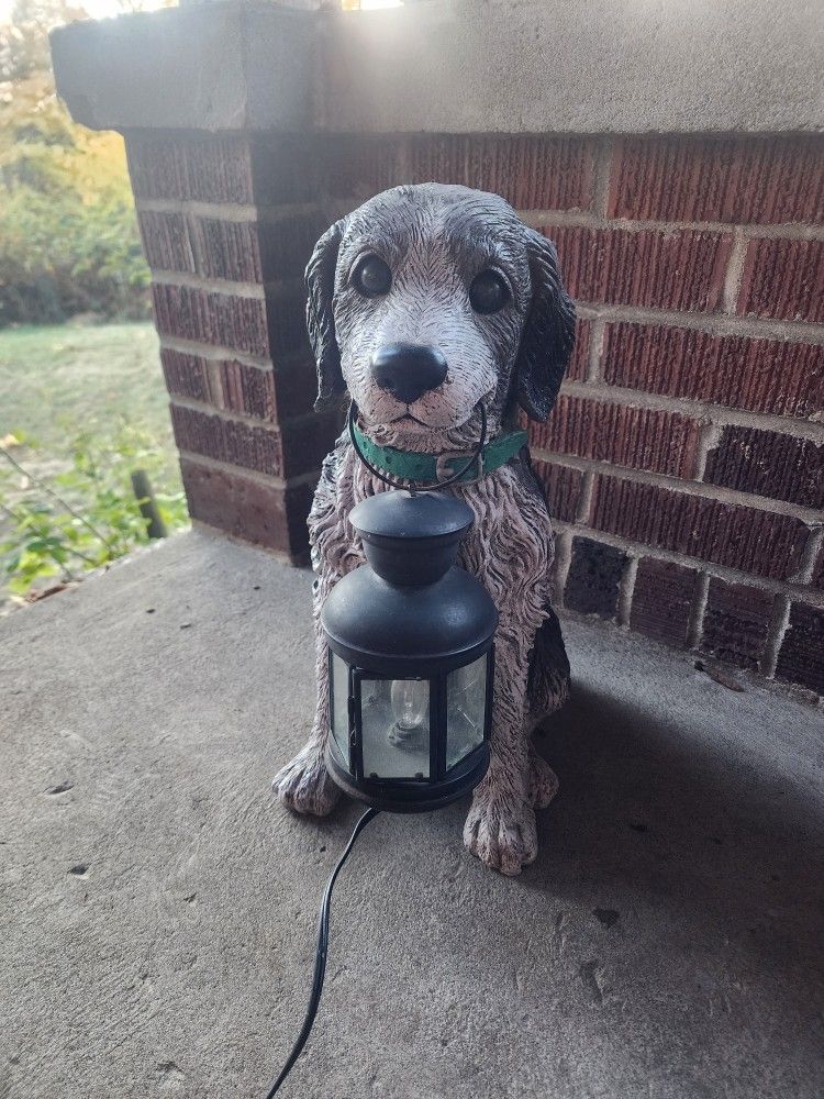 Outdoor Dog Statue With Landern. 18 1/2 Inches Tall