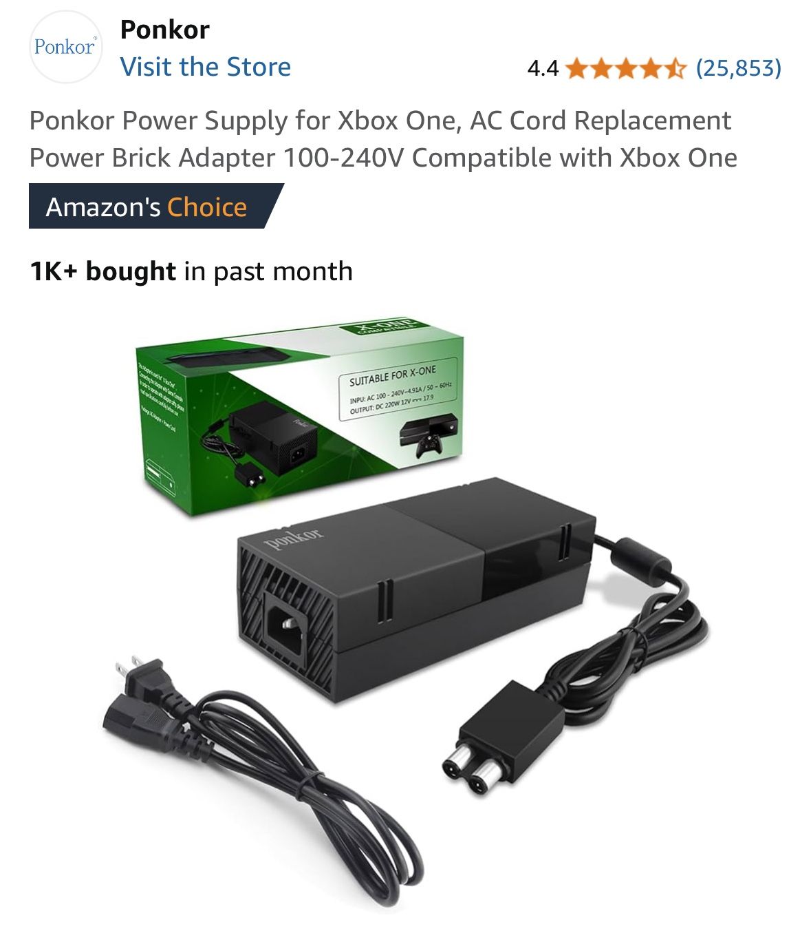 Ponkor Power Supply for Xbox One, AC Cord Replacement Power Brick Adapter 100-240V Compatible with Xbox One