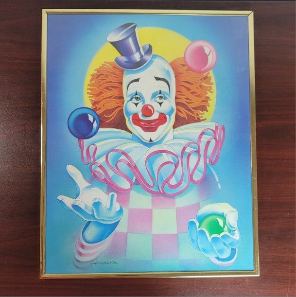 Vintage 80's Wall Art Clown Juggler Airbrushed Print Jim & Phil Bliss