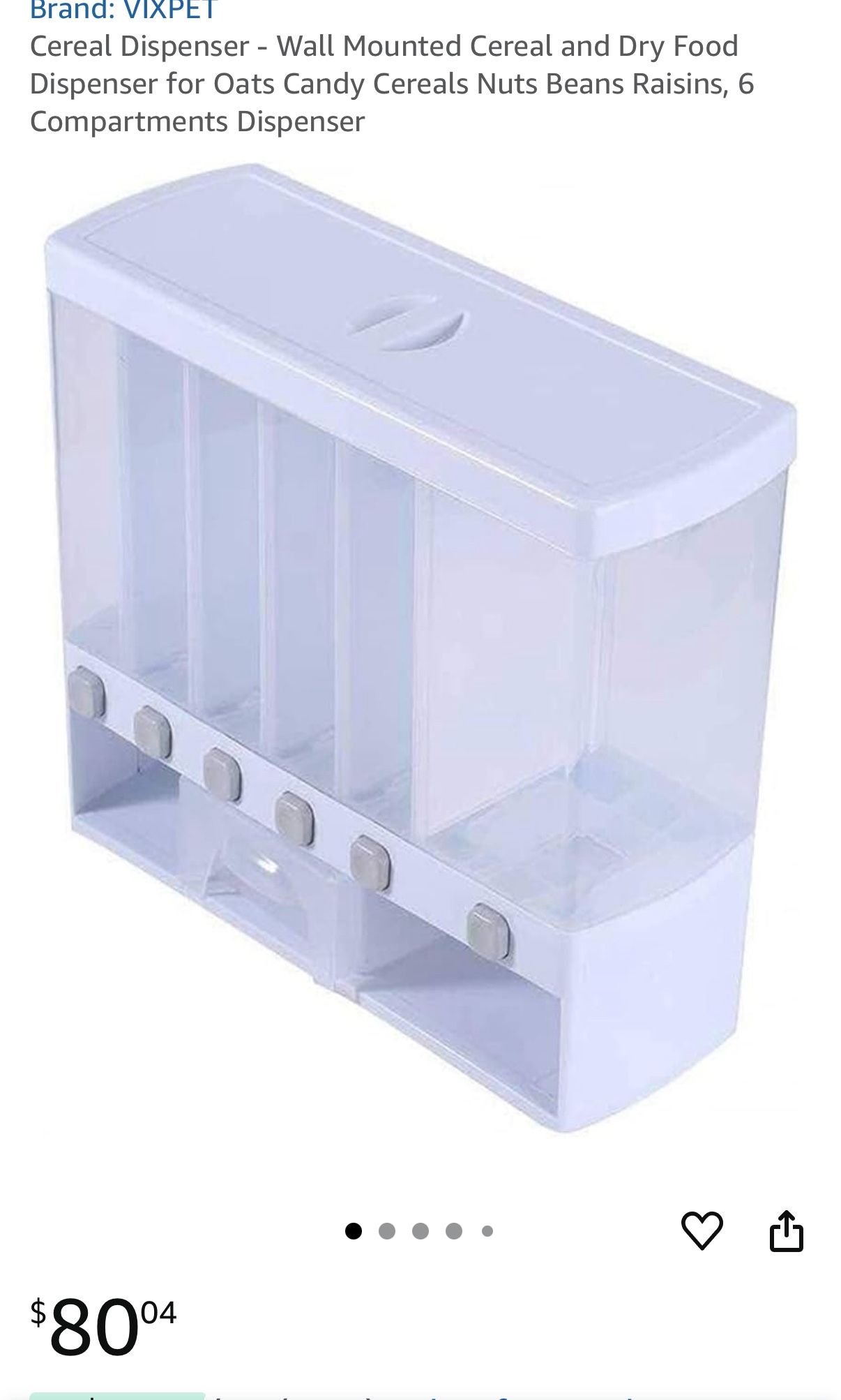 Wall Mounted Cereal and Dry Food Dispenser for Oats Candy Cereals Nuts Beans Raisins, 6 Compartments Dispensing