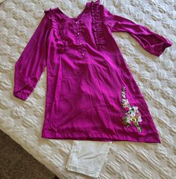 Magenta Embroidered Kurti with White Shalwar