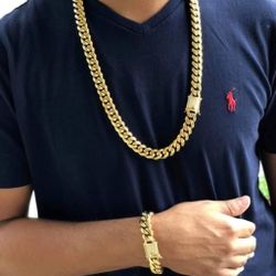 Diamond Lock Cuban Link Set 14K Gold Plated Doesn't Loses Color