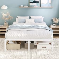 B913 $50  Queen Bed Frame, Heavy Duty Metal Platform Bed with Ample Under-bed Storage Space, No Box Spring Needed, White  Color: White Size: Queen Box