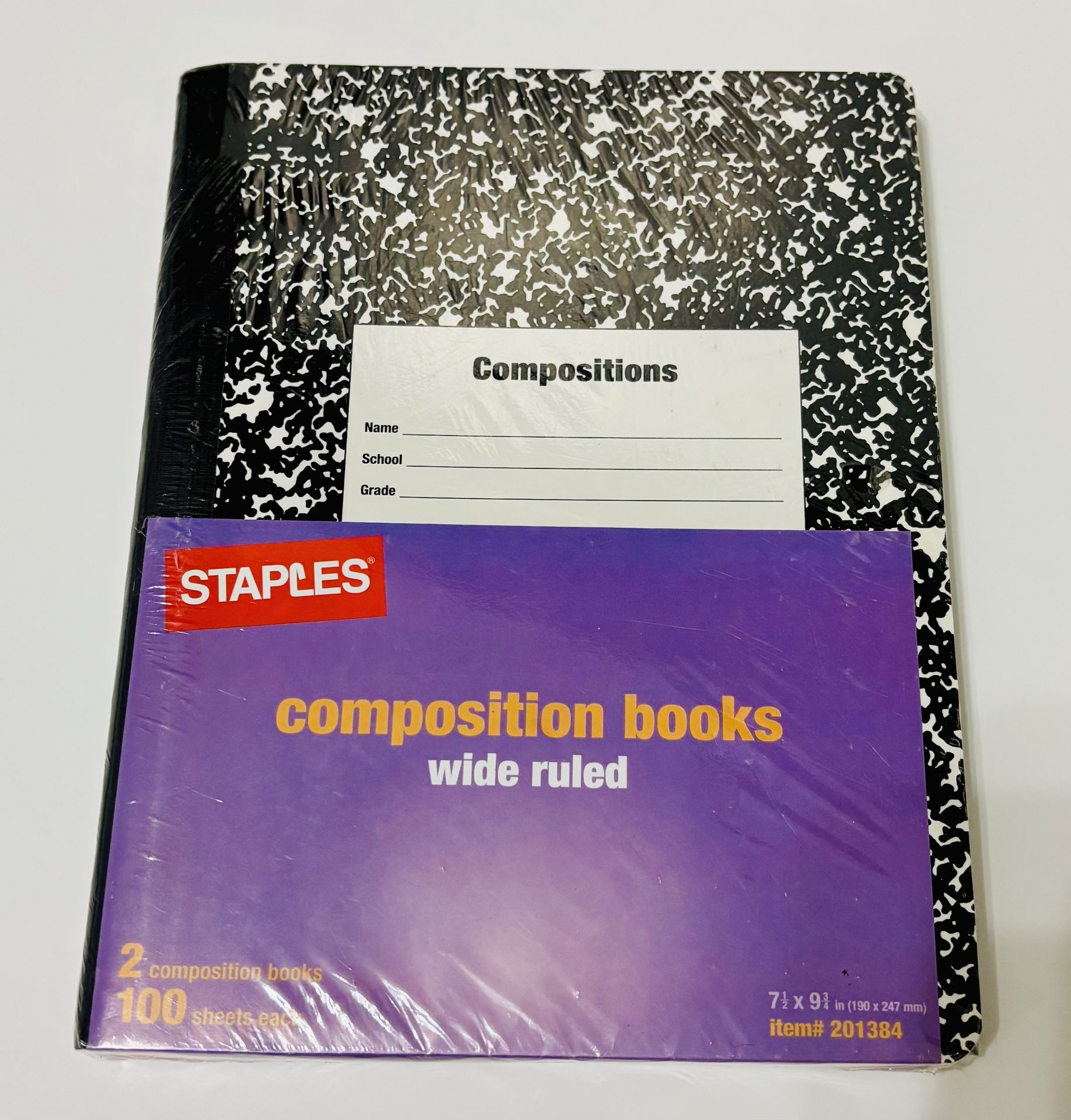 NEW 2 Pack Staples 1-Subject Composition Notebook 7.5" x 9.75" Wide Ruled 100 Pages Each