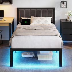 Twin Size Bed Frame with Headboard, LED Lights and USB Charging Station