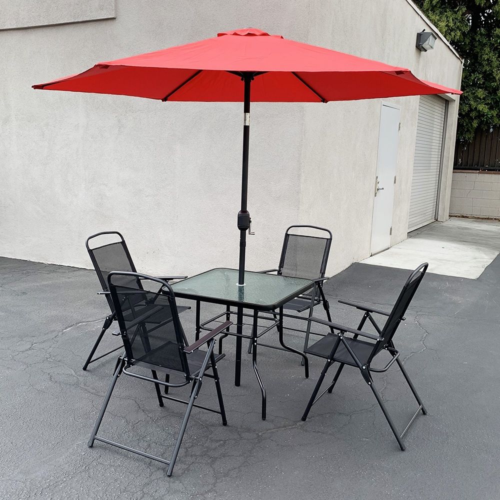 New $140 Outdoor 6pcs Patio Set with 32x32” Table, 4pc Folding Chairs and 10ft Tilt Umbrella