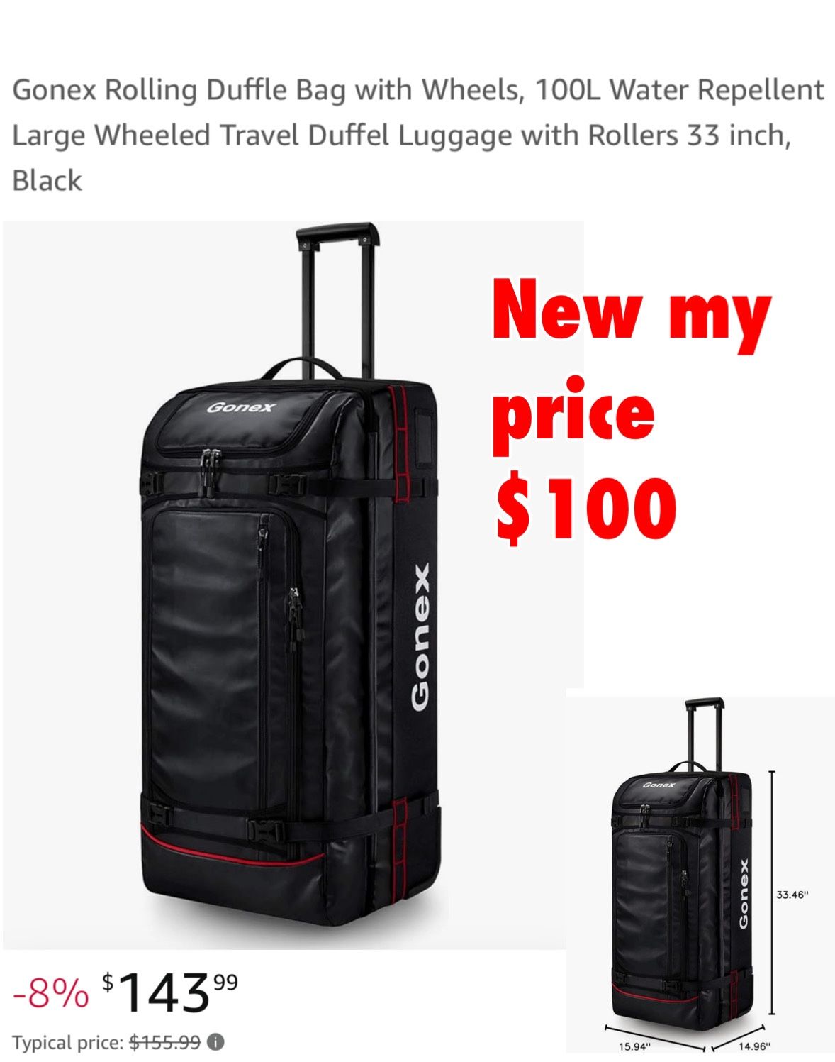New Gonex Rolling Duffle Bag with Wheels, 100L Water Repellent