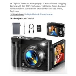 Brand new 4K Digital Camera for Photography- 50MP Autofocus Vlogging Camera with 2.8" 180° Flip Screen, 16X Digital Zoom- Compact Point and Shoot Came