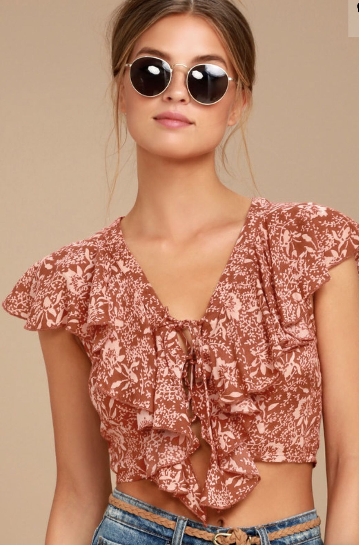 Amuse Society Solana Rust Red Floral Print Lace Up Crop Top XS NWT