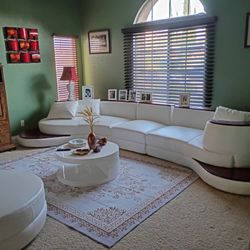 Beautiful Eight-seat White And Mahogany Italian Leather Luxury Couch And Loveseat