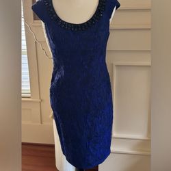 ADRIANNA PAPELL DRESS ROYAL BLUE WITH BEADED NECK, SIZE 6P