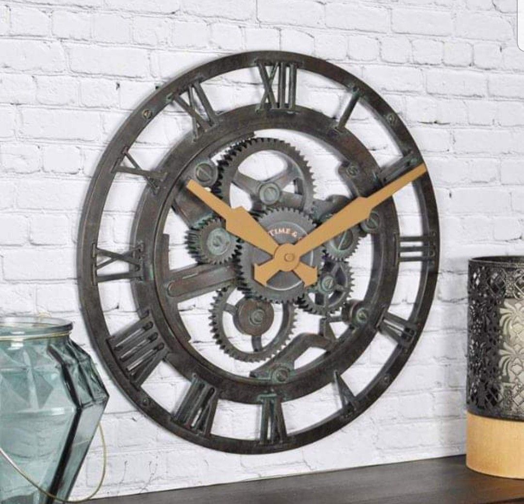 NEW Antique Vintage Style Wall Gear Clock, Industrial Metallic Teal, Plastic but has Metal Look