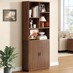 71" Tall Cube Bookcase, Curved Bookshelf with Storage Cabinet & Adjustable Storage Shelf, Freestanding Wood Bookcase with Sliding Door & St