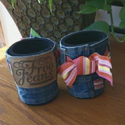 (2) Froo Jeans Denim Koozies with Colorful Ribbons 