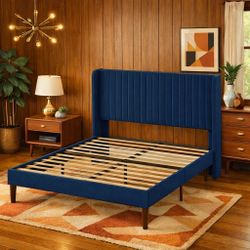 Modern Queen Upholstered Platform Bed – Velvet Wingback Headboard