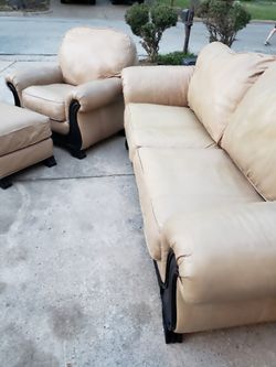 Flexsteel  Couch w/ Chair & Ottoman Beige Leather Lifetime Structural Warranty Thumbnail