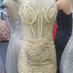 Gold Lace & Sequin Mermaid Formal Dress