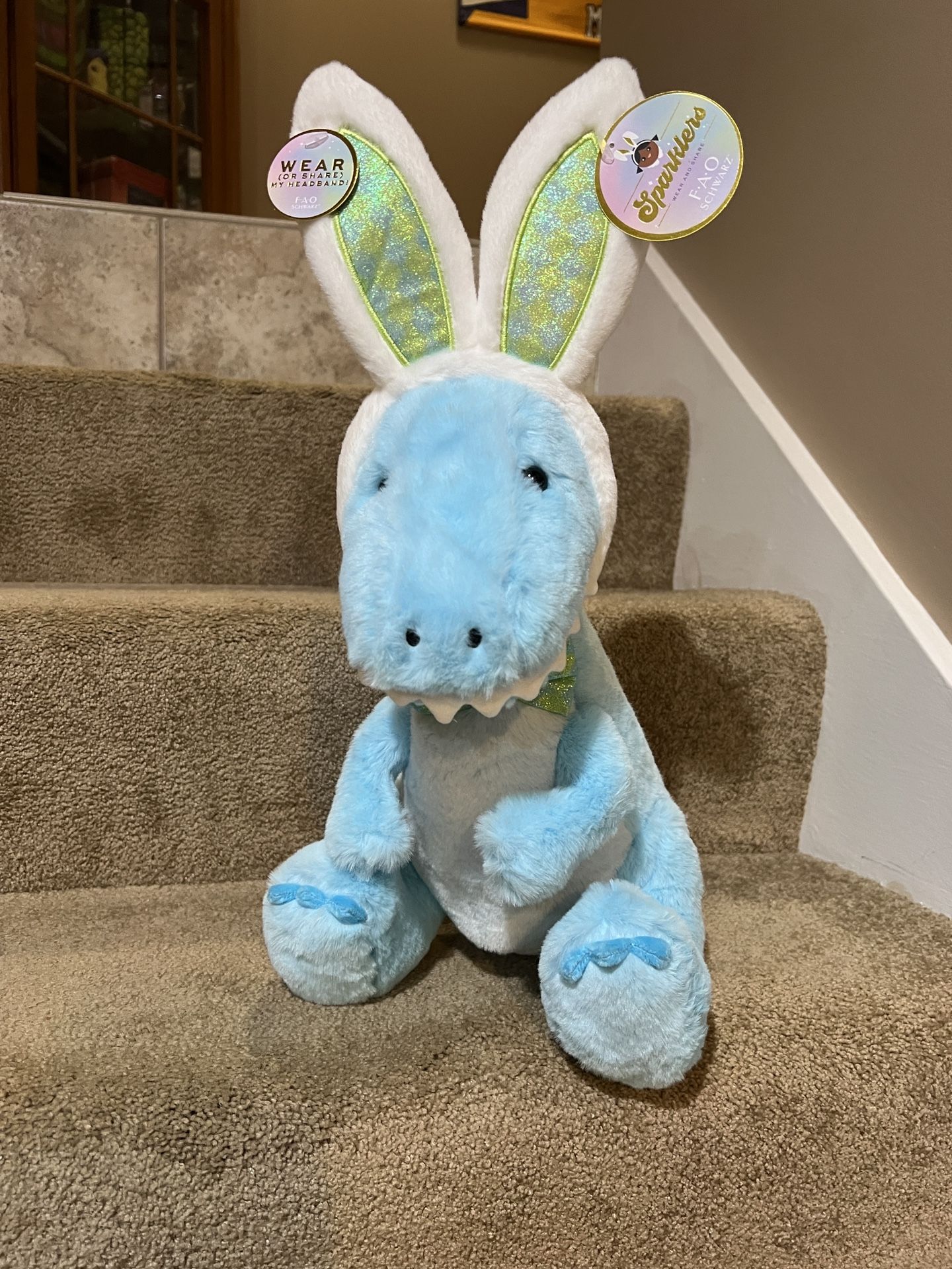 FAO Schwarz Blue DINOSAUR with wearable BUNNY Easter Rabbit EARS Plush 12” new