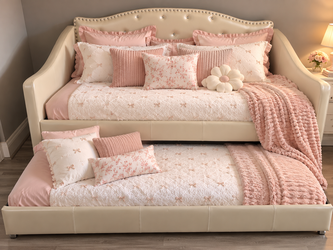 Cream Tufted Twin Daybed with Pull-Out Trundle
