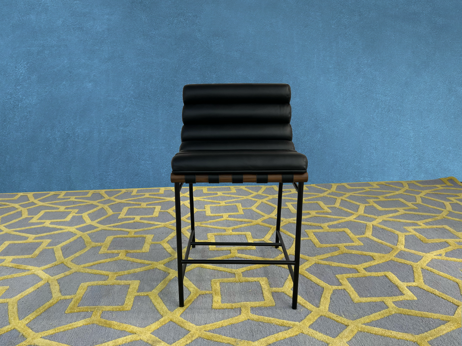 ( Delivery Available ) Denver Modern Vail Stool Walnut Black Leather Counter Stool
