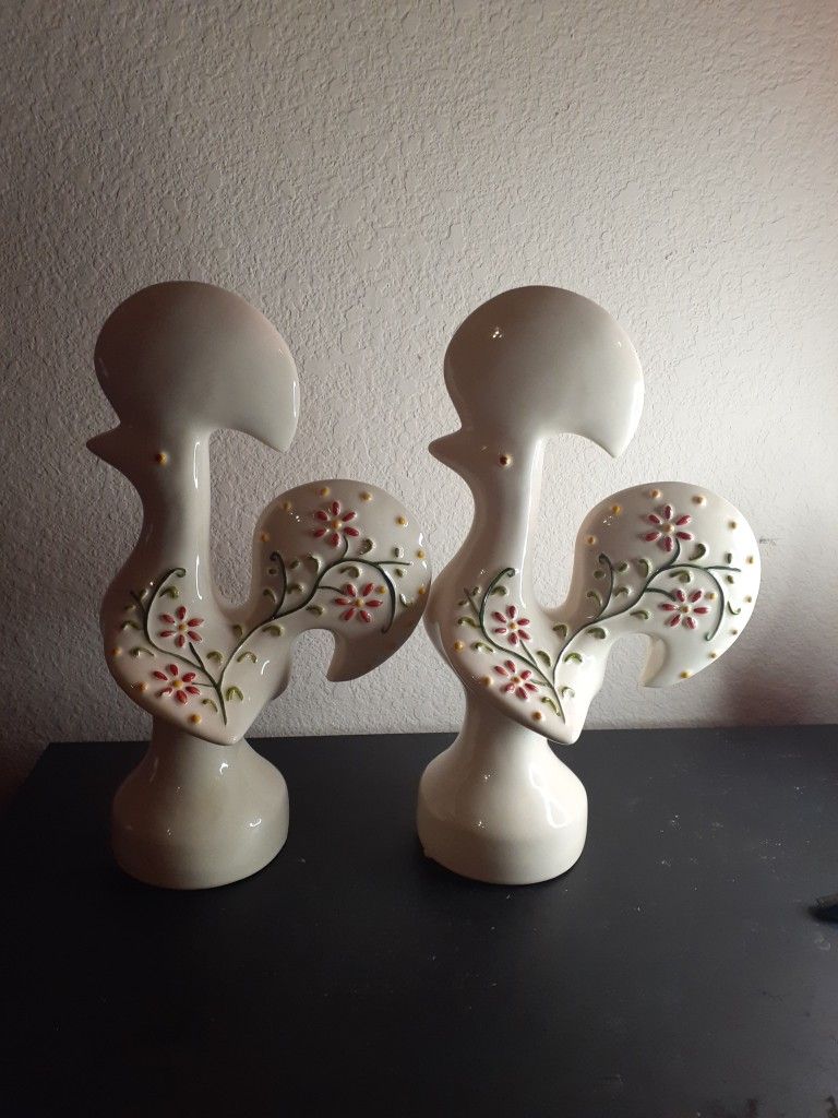 EXQUISITE Pair of 12" Ceramic Whimsical Rooster Figurines Made in Portugal.