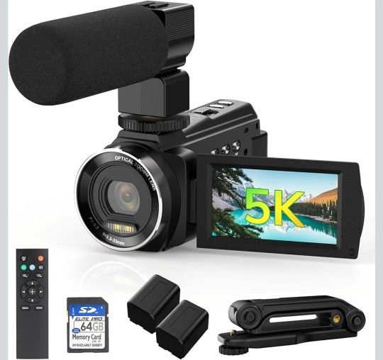 NEW! 5K Video Camera Camcorder UHD 48MP 60FPS WiFi, 10X Zoom/Remote/Handheld Stabilizer/Microphone/2 Batteries/64 GB Memory Card