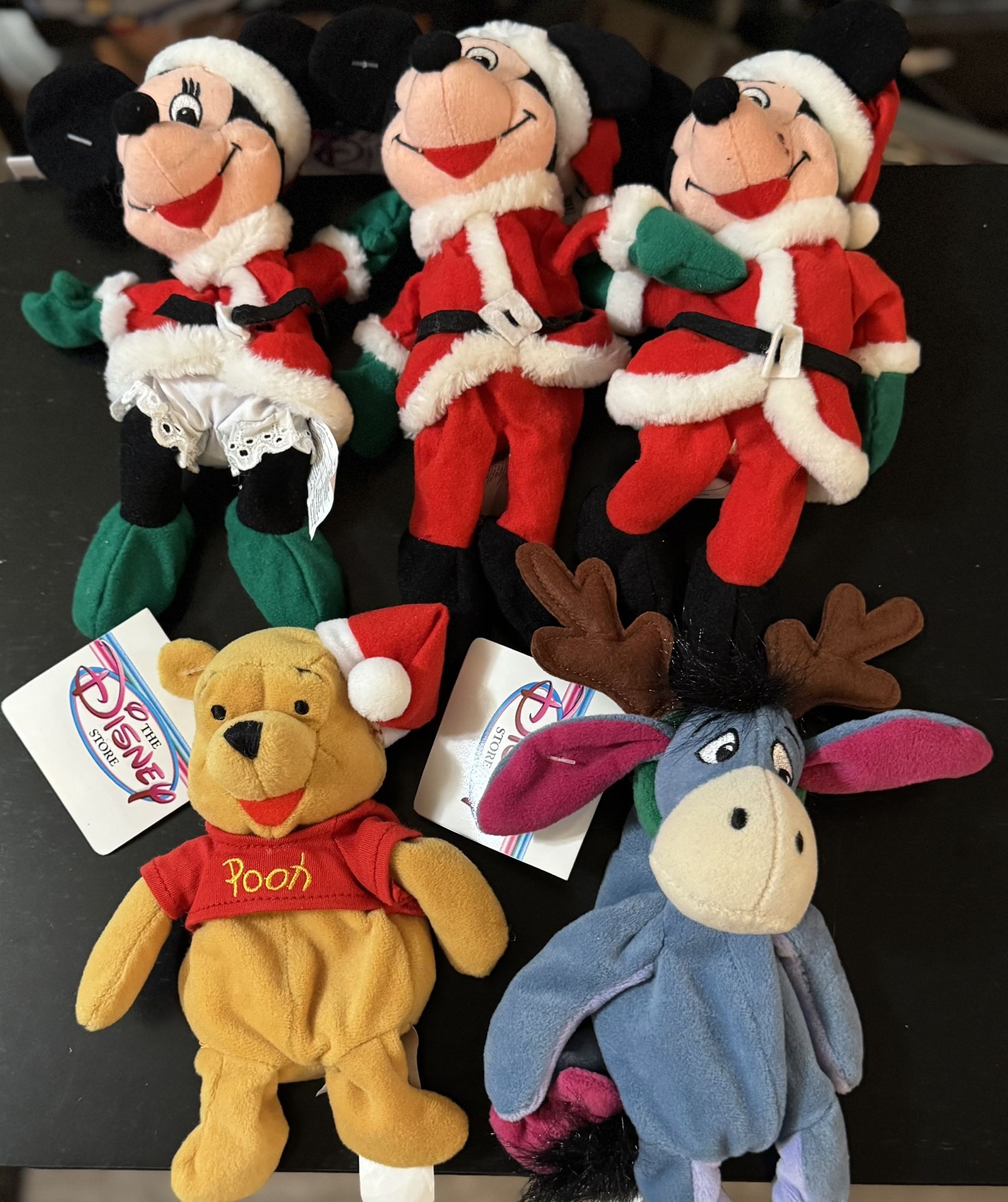 The Disney Store 7”,8”,9” Mini Bean Bags Christmas Themed. Pooh, Eeyore, Mickey & Minnie. Set Of 5 For $50.00 OBO 