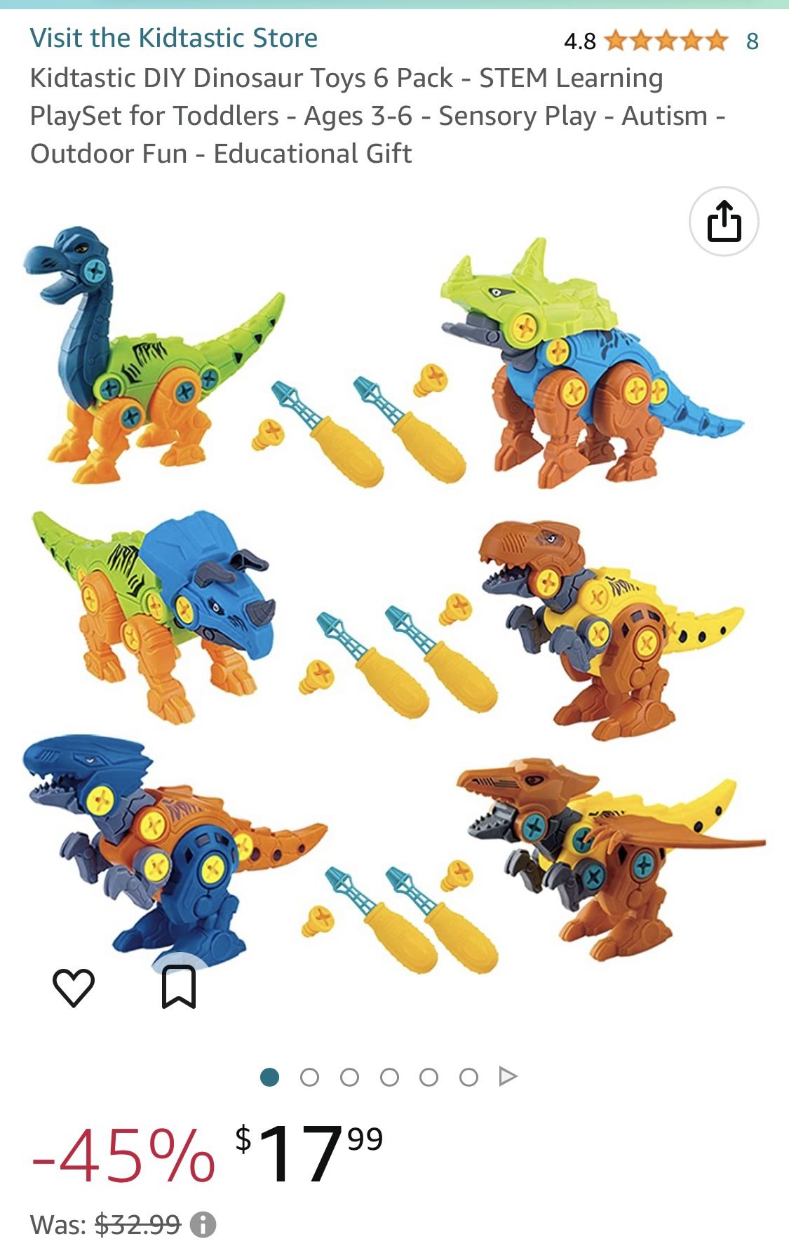 NIB Junior Engineers Take Apart Dinosaur 6 Pack -140 Pieces Kidtastic